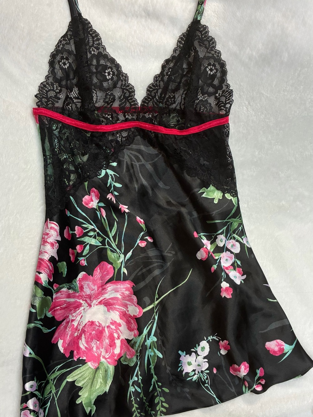 Secret Treasures Floral Satin Lace Chemise Nightgown Black Pink M 8-10